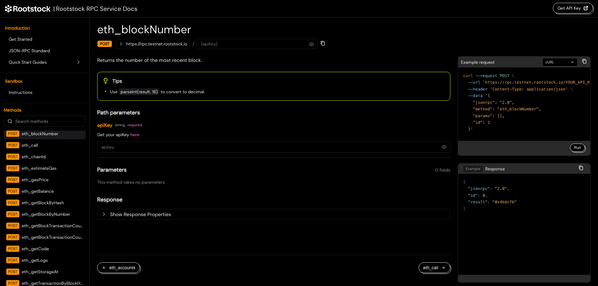 Rootstock RPC API method detail and request example
